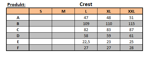 velikostní tabulka kalhot Crest